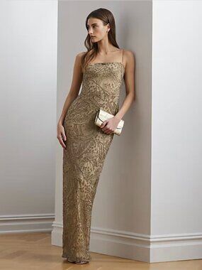 Lauren Ralph Lauren Beaded Sequin Mesh Column Gown Nude Champagne Size 10 NWT